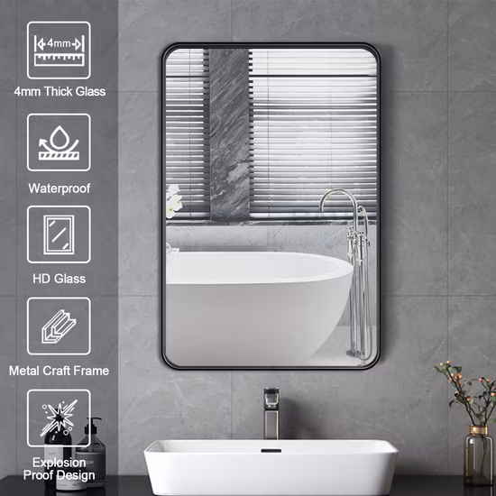 Wall Mount Mirror for Bathroom, Brush Black Metal Framed Rounded Corner Rectangular Vanity Mirror