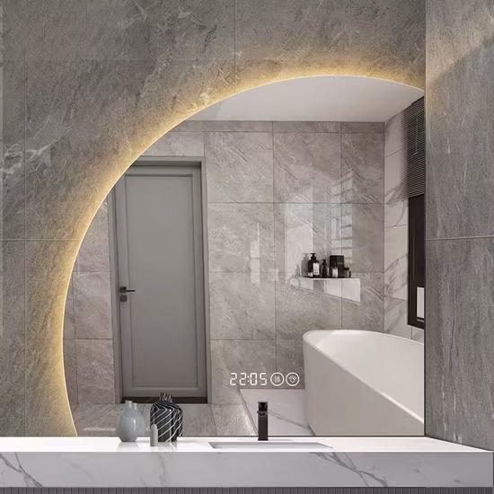 Touch Sensor Frameless Decorative Wall Mounted Smart Bathroom Half Moon Mirror with LED Light and Bluetooth