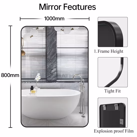 욕실용 벽걸이 거울, 브러시 블랙 메탈 프레임 둥근 모서리 직사각형 화장 거울